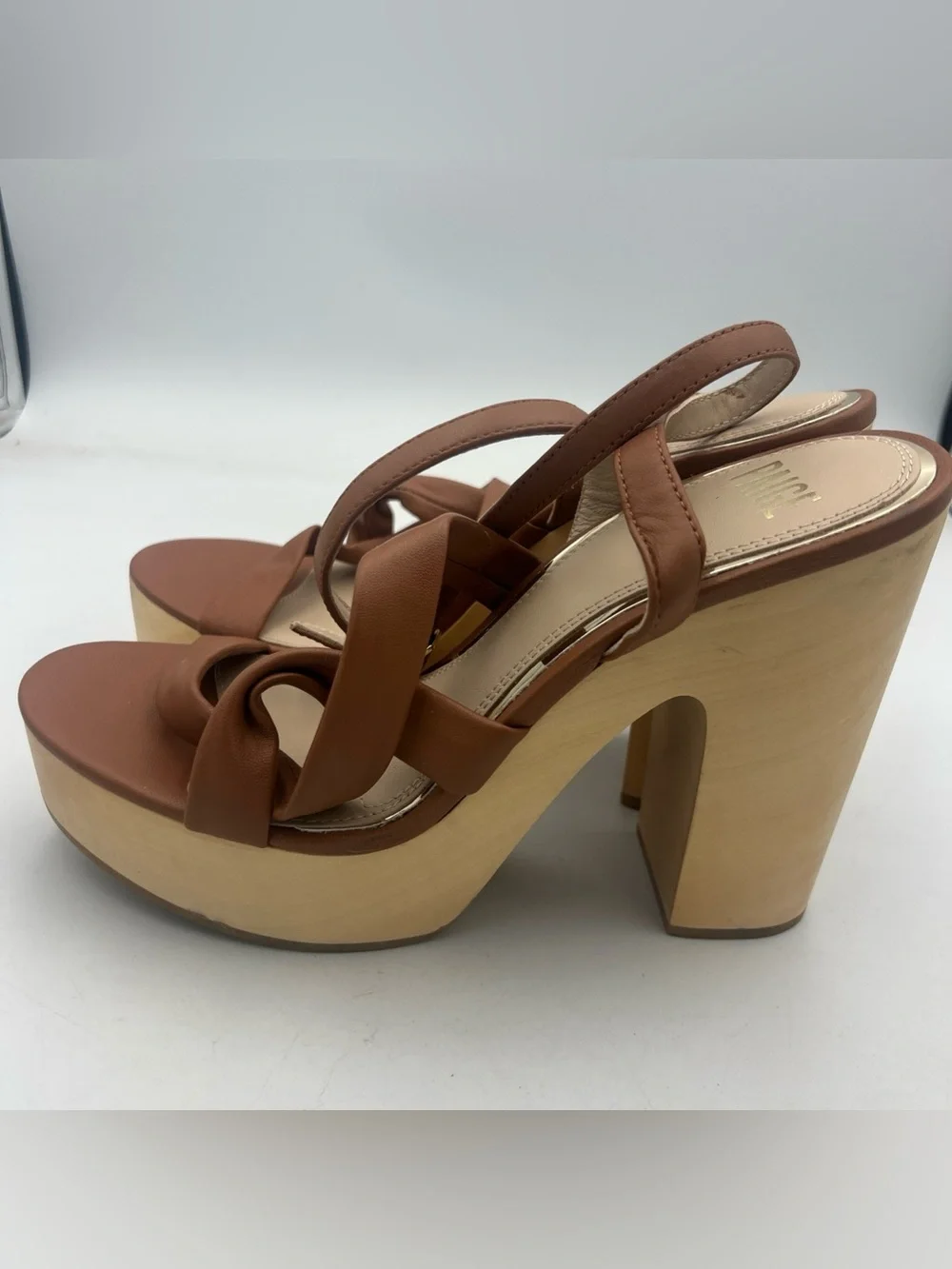 PAIGE Cayden Leather Ankle Strap Platform Sandal Woodgrain Block Heel Size 9 NEW